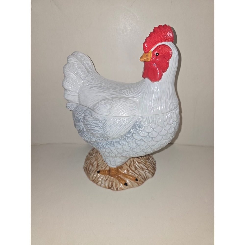 Noble Excellence Chicken Scratch White Ceramic Hen Chicken Cookie Jar Canister